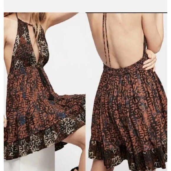 Free People‎ Womens Beach Day Mini Dress, Brown, Small, Halter, Multi-Print /n2 - Picture 2 of 6